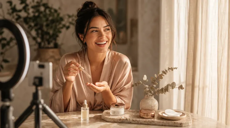 Woman in blush robe applying facial serum at a sunlit marble vanity table.