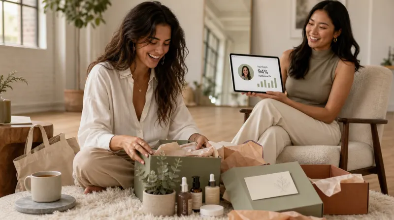 Woman laughing while unboxing skincare products in a sunlit loft with an influencer coordinator.