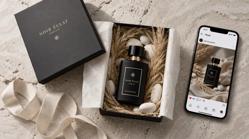 Matte-black perfume bottle in gift box with pampas grass and ribbon on travertine.