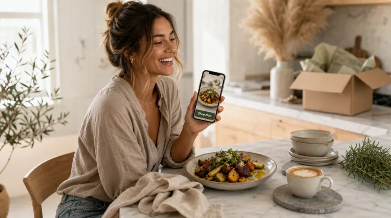 Influencer photographing a vibrant artisanal vegetable dish in a bright modern kitchen.