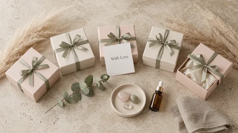 Five blush and cream gift boxes with sage ribbons arranged on travertine stone.