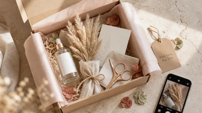 Elegant gift box unboxing with skincare, dried flowers, and note on travertine stone