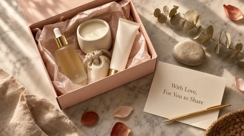 Flat-lay of a pink unboxing gift box featuring beauty products, eucalyptus, and stationery.
