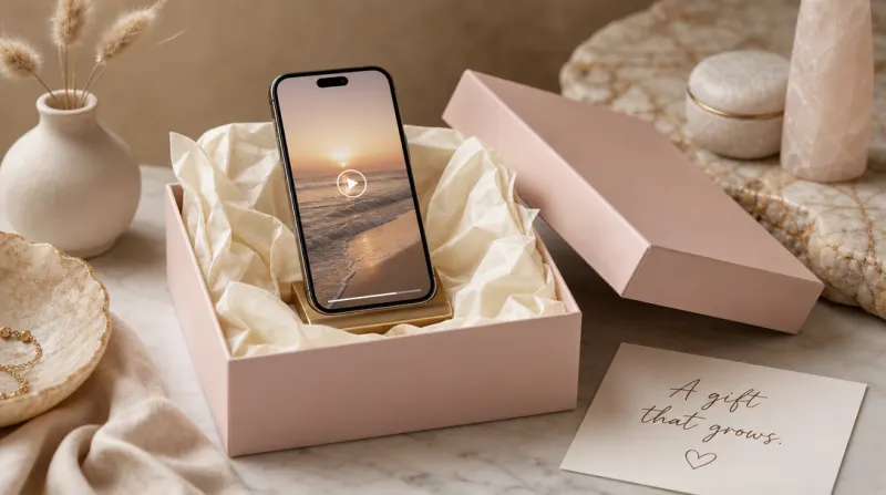 Blush pink gift box and smartphone on brass stand atop marble surface