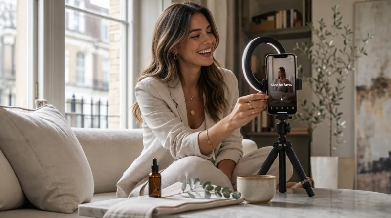 Woman in cream blazer laughing while setting up a smartphone tripod for social content.
