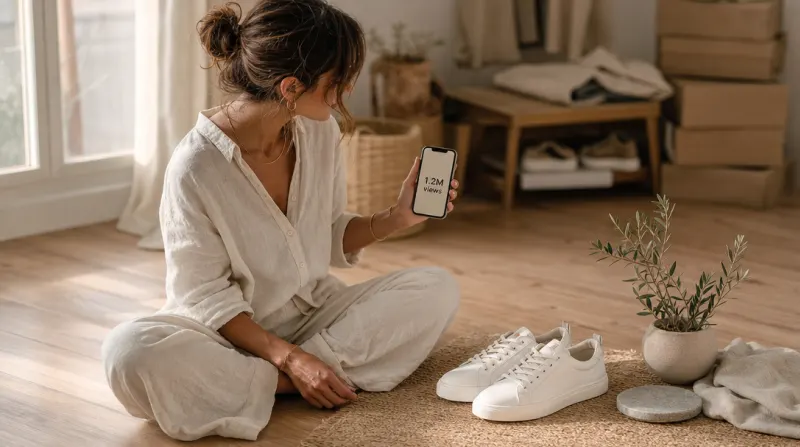 Content creator editing footwear brand post on smartphone near white leather sneakers