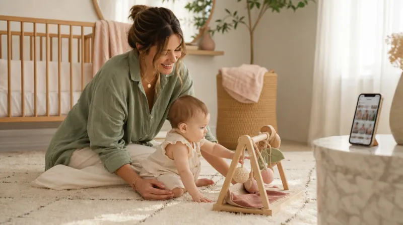 Mother laughing while playing with baby on a plush rug in a minimalist nursery.
