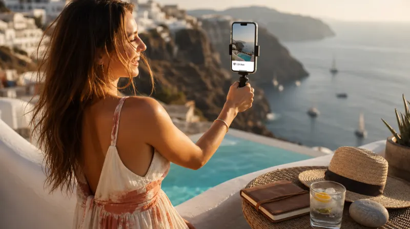 Travel content creator on Mediterranean terrace holding smartphone with tripod at golden hour