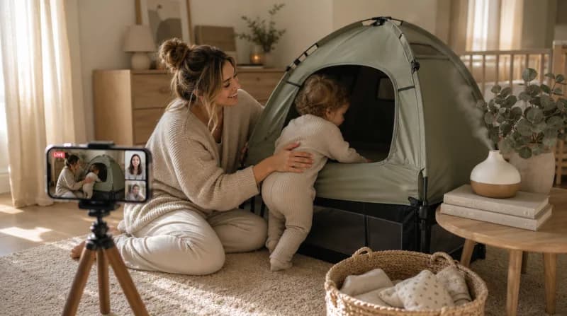 Mother setting up a sage green sleep tent for her toddler in a nursery
