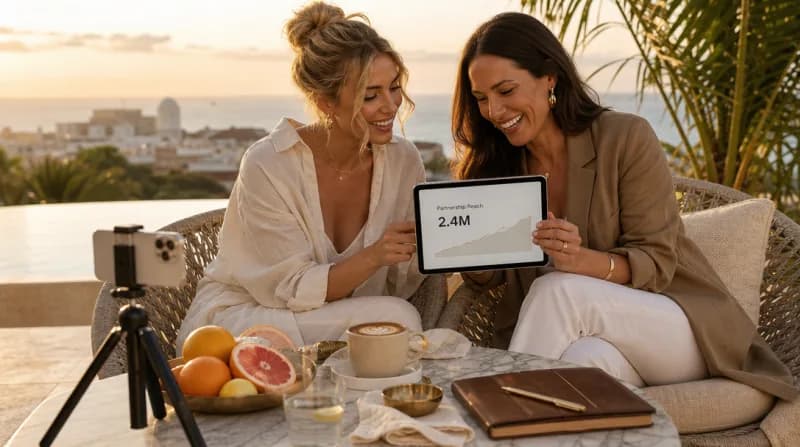 Two content creators collaborating on a rooftop brunch with a tablet and smartphone.