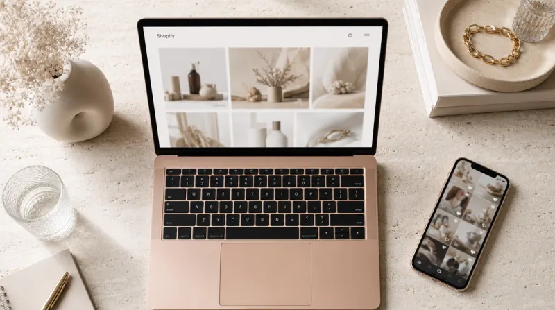 Open rose gold laptop and sleek smartphone displaying minimalist e-commerce interface on travertine stone.