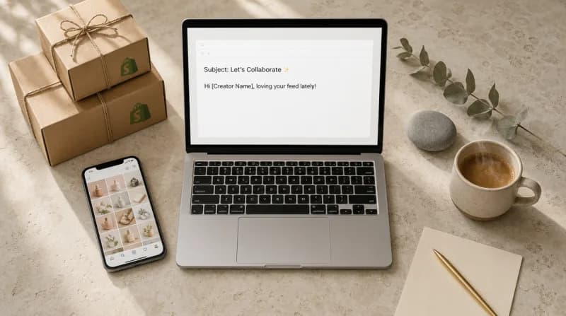 Open laptop displaying collaboration email surrounded by branded stationery, coffee, and eucalyptus on travertine.