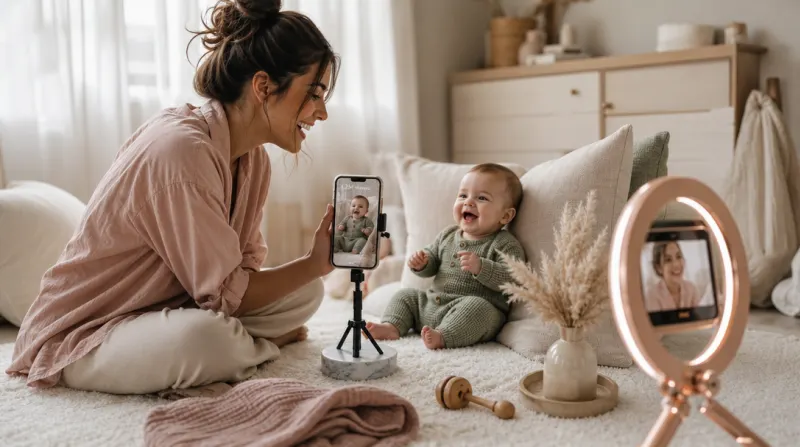Mother filming her giggling baby on a smartphone in a sunlit minimalist nursery.